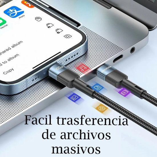 Imagen de Cable telefono carga rápida Mac Samsung Xiaomi tipo C a C resistente negro 100w 1m tela uso rudo