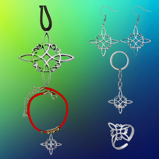 Imagen de Juego Nudo de Bruja  Z Curado Uso Rudo (Aretes, Dije+ Anillo Acero M2+ Llavero+ Pulsera Roja Borlas) 