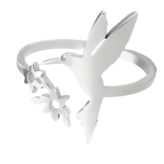 Imagen de  1 Anillo ACERO Colibrí Con Flores Mediano M1 Ajustable Acero Color Plata Alta  Durabilidad LOPI/$