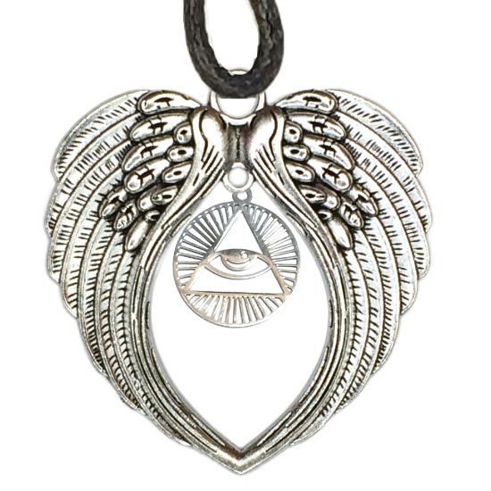 Imagen de 1 Dije Ojo de Dios + Santisima Trinidad 20x20mm Acero en Alas de Angel 60x80mm Poderoso Simbolo de Proteccion CURADO y Para USO RUDO en Collar 45+5cm Largo  Ajustable LOPI/$