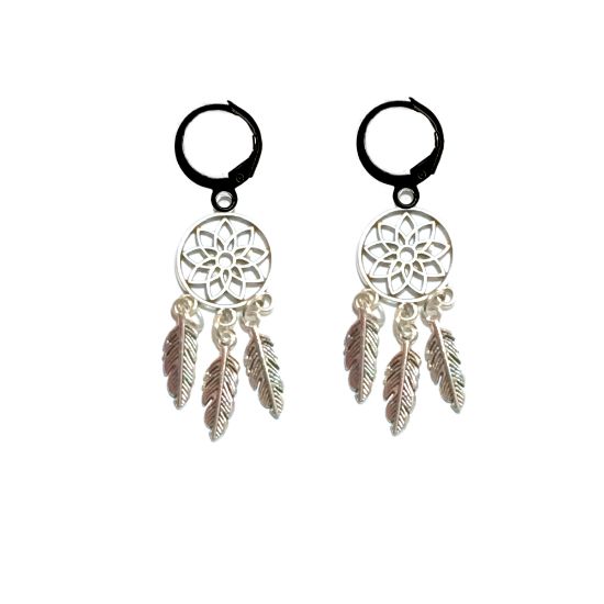 Imagen de 1 Par de Atrapasueños Color Plata en Arracaditas Color Negro LOPI/$