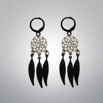 Imagen de 1 Par de Atrapasueños Color Plata+ Plumitas Finas Negras en Arracaditas Color Negro LOPI/$