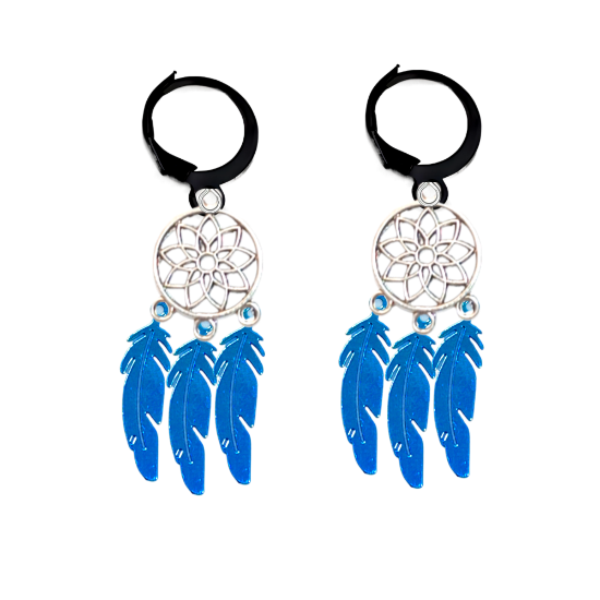 Imagen de 1 Par de Atrapasueños Color Plata+ Plumitas Etnicas Azul Medio Metalico Acero en Arracaditas Color Negro LOPI/$