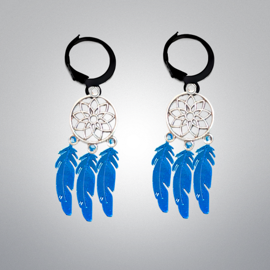 Imagen de 1 Par de Atrapasueños Color Plata+ Plumitas Etnicas Azul Medio Metalico Acero en Arracaditas Color Negro LOPI/$