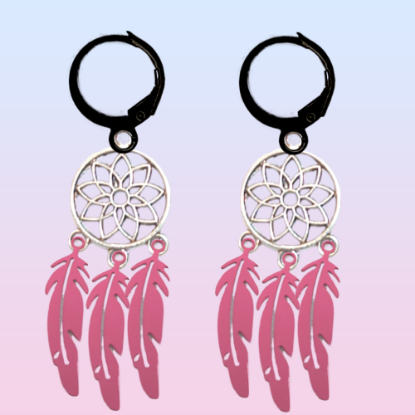Imagen de 1 Par de Atrapasueños Color Plata+ Plumitas Etnicas  Rosa Metalico Acero en Arracaditas Color Negro LOPI/$