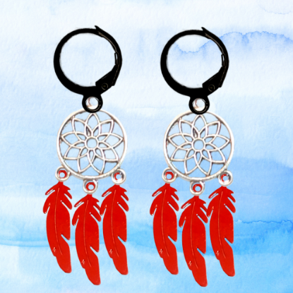 Imagen de 1 Par de Atrapasueños Color Plata+  Plumitas Etnicas  Color Rojo Intenso Acero en Arracaditas Color Negro LOPI/$