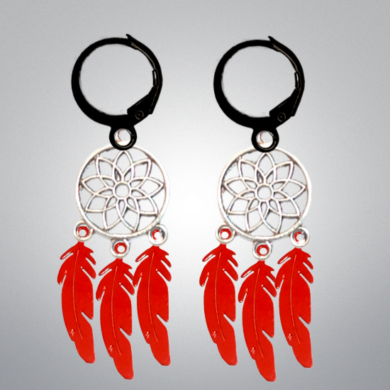 Imagen de 1 Par de Atrapasueños Color Plata+  Plumitas Etnicas  Color Rojo Intenso Acero en Arracaditas Color Negro LOPI/$