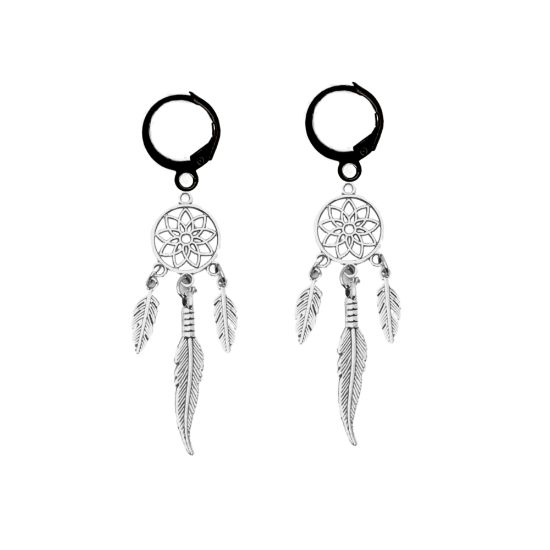 Imagen de 1 Par de Atrapasueños Color Plata+ 2 Plumitas Etnicas  Cortas Color Plata + 1 Pluma Larga Etnica C.Plata en Arracaditas Color Negro LOPI/$