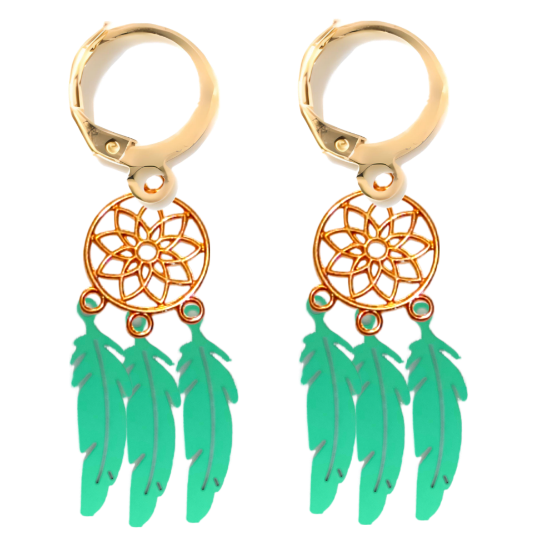 Imagen de 1 Par de Atrapasueños Color Dorado+ Plumitas Etnicas  Verde Claro Metalico Acero en Arracaditas Color Dorado LOPI/$