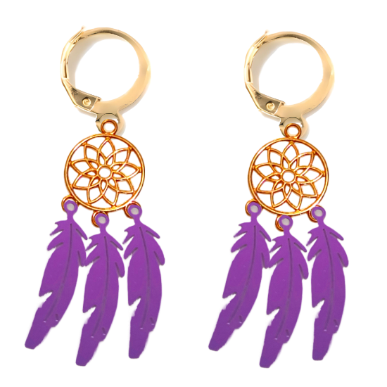 Imagen de XXX1 Par de Atrapasueños Color Dorado+ Plumitas Etnicas  Morado Metalico Acero en Arracaditas Color Dorado LOPI/$