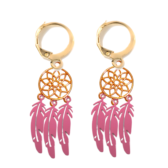 Imagen de 1 Par de Atrapasueños Color Dorado+ Plumitas Etnicas  Rosa Metalico Acero en Arracaditas Color Dorado  LOPI/$