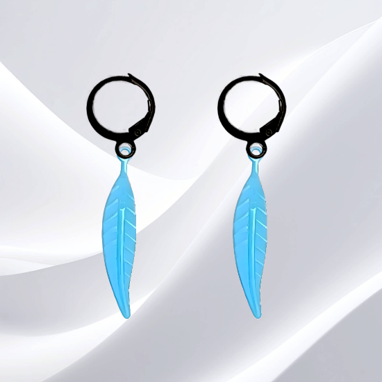 Imagen de 1 Par de Plumas Azules Finas Medianas  en Arracaditas Acero Color Negro Alta Durabilidad LOPI/$