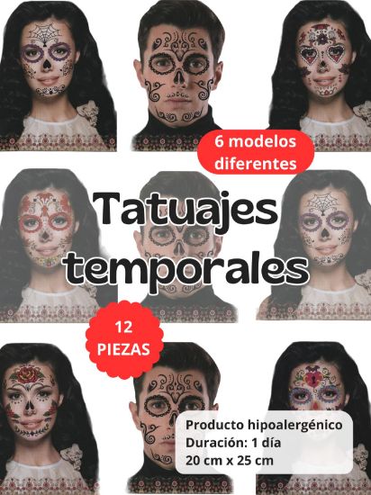Imagen de 12 Tatuajes Temporales de Catrinas para Día de Muertos