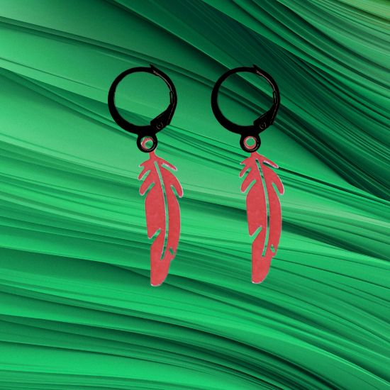 Imagen de 1 Par de Plumas Rojo Intenso Acero Etnicas Medianas en Arracaditas Acero Color Negro Alta Durabilidad LOPI/$