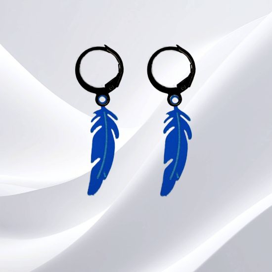 Imagen de 1 Par de Plumas Azul Acero Etnicas Medianas en Arracaditas Acero Color Negro Alta Durabilidad LOPI/$