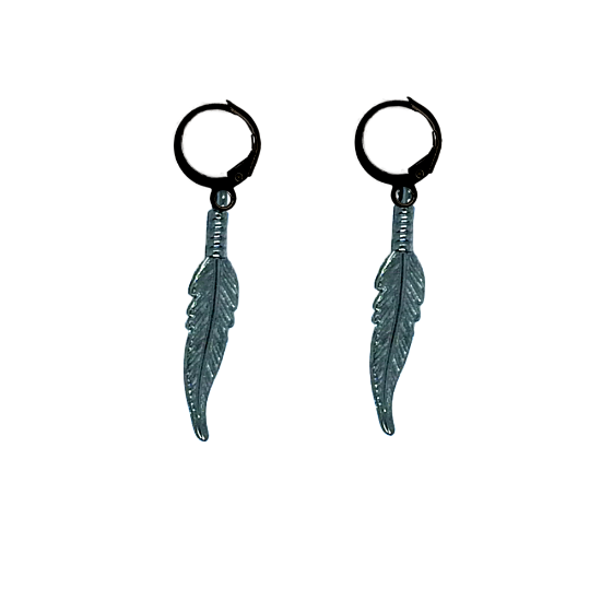 Imagen de 1 Par de Plumas Etnicas Largas Color Gris Oxford en Arracaditas Acero Color Negro Alta Durabilidad LOPI/$