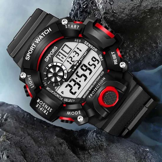 Imagen de Reloj Digital LED rojo deporte electrónico multifunción táctico negro sumergible agua pulsera