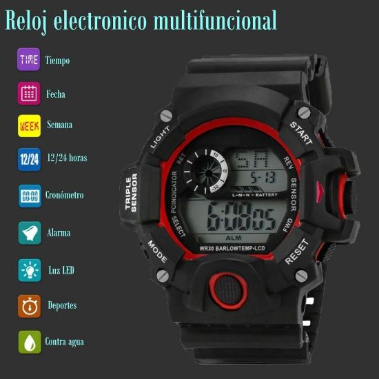 Imagen de Reloj Digital LED rojo deporte electrónico multifunción táctico negro sumergible agua pulsera