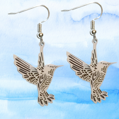 Imagen de 1 Par de Aretes Hermoso Colibri M3 Grande 40x35mm Acero Color Plata  Alta Durabilidad Simbolo de Gran Amor LOPI/$