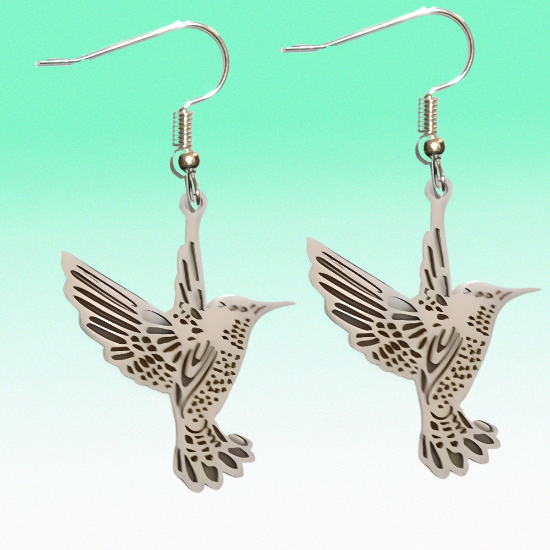 Imagen de 1 Par de Aretes Hermoso Colibri M3 Grande 40x35mm Acero Color Plata  Alta Durabilidad Simbolo de Gran Amor LOPI/$