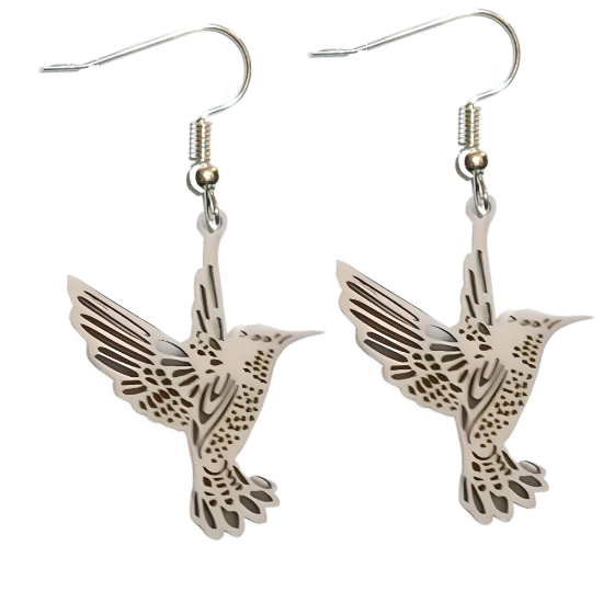 Imagen de 1 Par de Aretes Hermoso Colibri M3 Grande 40x35mm Acero Color Plata  Alta Durabilidad Simbolo de Gran Amor LOPI/$