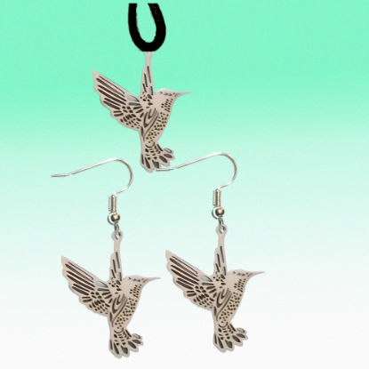 Imagen de 1 Juego (Collar de Piel y Aretes)  Hermoso Colibri M3 Grande 40x35mm Acero Color Plata  Alta Durabilidad Simbolo de Gran Amor en Collar 45+5cm Largo  Ajustable LOPI/$