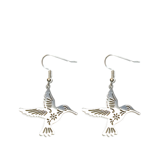 Imagen de 1 Par de Aretes Hermoso Colibri M2 Grande 40x35mm Acero Color Plata  Alta Durabilidad Simbolo de Gran Amor LOPI/$