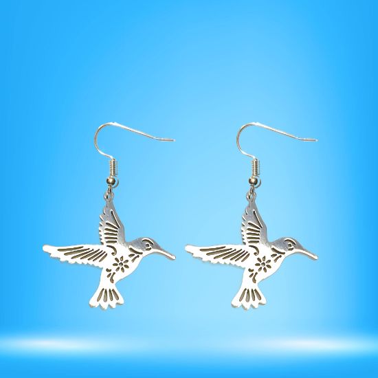 Imagen de 1 Par de Aretes Hermoso Colibri M2 Grande 40x35mm Acero Color Plata  Alta Durabilidad Simbolo de Gran Amor LOPI/$