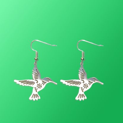 Imagen de 1 Par de Aretes Hermoso Colibri M2 Grande 40x35mm Acero Color Plata  Alta Durabilidad Simbolo de Gran Amor LOPI/$