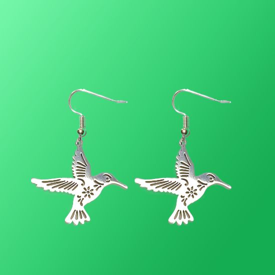 Imagen de 1 Par de Aretes Hermoso Colibri M2 Grande 40x35mm Acero Color Plata  Alta Durabilidad Simbolo de Gran Amor LOPI/$
