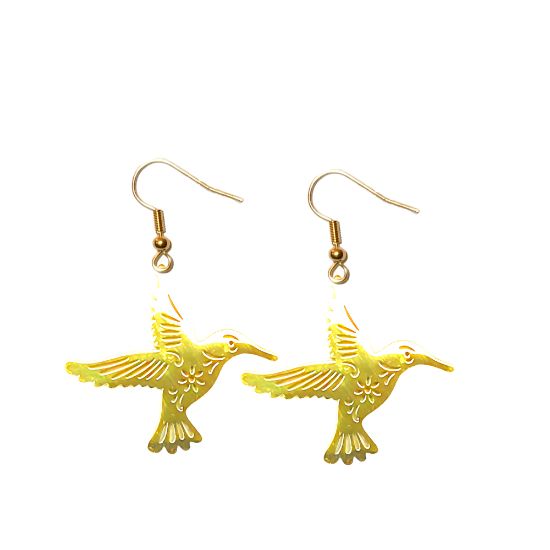 Imagen de 1 Par de Aretes Hermoso Colibri M2 Grande 40x35mm Acero Color Dorado  Alta Durabilidad Simbolo de Gran Amor LOPI/$