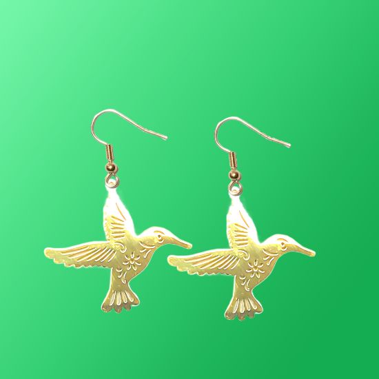 Imagen de 1 Par de Aretes Hermoso Colibri M2 Grande 40x35mm Acero Color Dorado  Alta Durabilidad Simbolo de Gran Amor LOPI/$