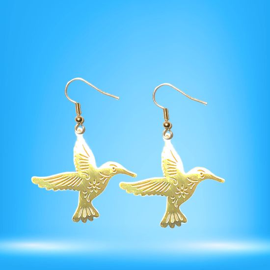Imagen de 1 Par de Aretes Hermoso Colibri M2 Grande 40x35mm Acero Color Dorado  Alta Durabilidad Simbolo de Gran Amor LOPI/$
