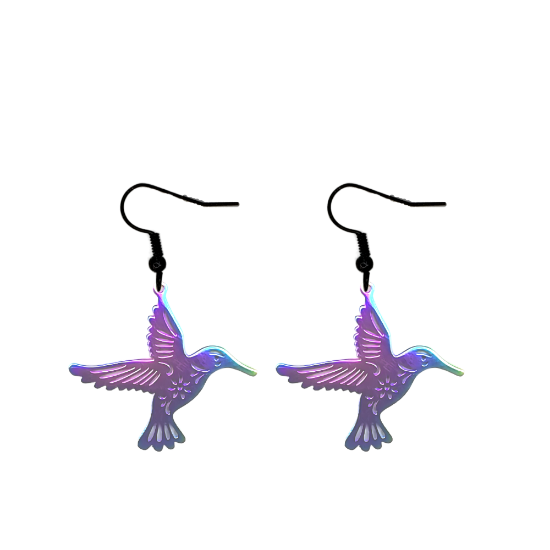 Imagen de 1 Par de Aretes Hermoso Colibri M2 Grande 40x35mm Acero Color Tornasol  Alta Durabilidad Simbolo de Gran Amor LOPI/$