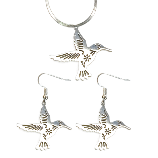 Imagen de 1 Juego ( 1 Par de Aretes+ Collar)  Hermoso Colibri M2 Grande 40x35mm Acero Color Plata  Alta Durabilidad Simbolo de Gran Amor LOPI/$