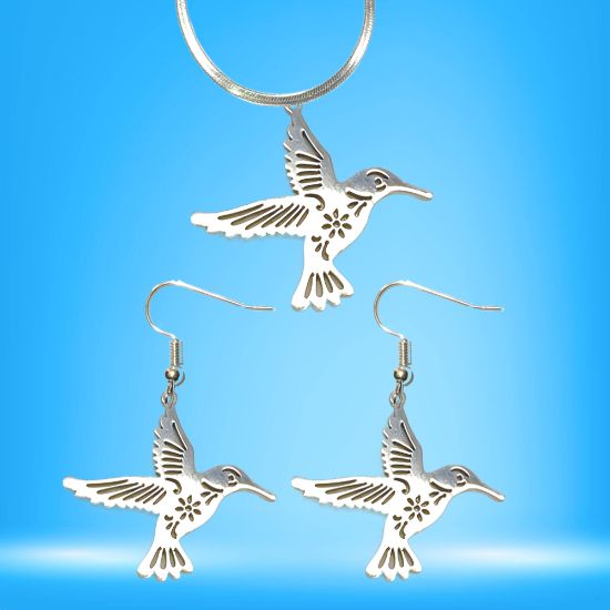 Imagen de 1 Juego ( 1 Par de Aretes+ Collar)  Hermoso Colibri M2 Grande 40x35mm Acero Color Plata  Alta Durabilidad Simbolo de Gran Amor LOPI/$