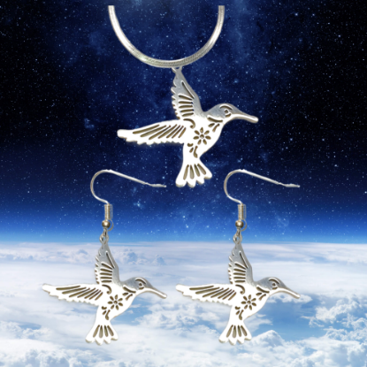 Imagen de 1 Juego ( 1 Par de Aretes+ Collar)  Hermoso Colibri M2 Grande 40x35mm Acero Color Plata  Alta Durabilidad Simbolo de Gran Amor LOPI/$