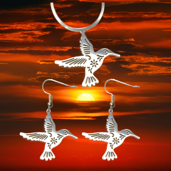Imagen de 1 Juego ( 1 Par de Aretes+ Collar)  Hermoso Colibri M2 Grande 40x35mm Acero Color Plata  Alta Durabilidad Simbolo de Gran Amor LOPI/$