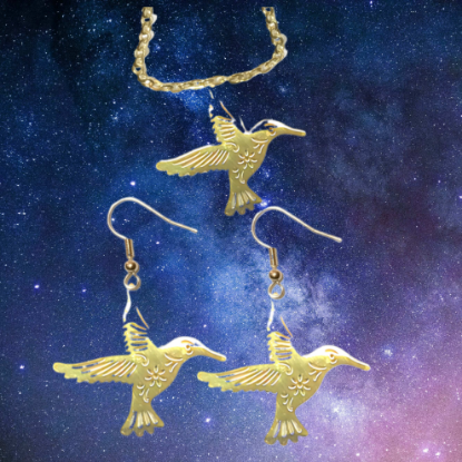 Imagen de 1 Juego ( 1 Par de Aretes+ Collar)  Hermoso Colibri M2 Grande 40x35mm Acero Color Dorado  Alta Durabilidad Simbolo de Gran Amor LOPI/$