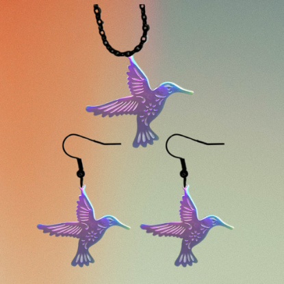 Imagen de 1 Juego ( 1 Par de Aretes+ Collar Negro)  Hermoso Colibri M2 Grande 40x35mm Acero Color Tornasol  Alta Durabilidad Simbolo de Gran Amor LOPI/$