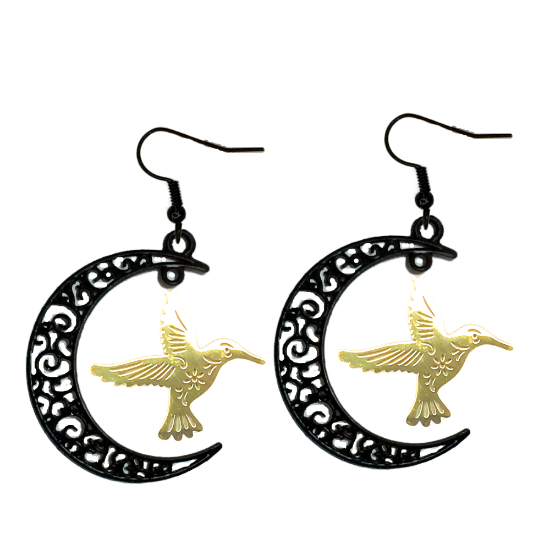 Imagen de 1 Par de Aretes Hermoso Colibrí M2 Grande 40x35mm Acero Color Dorado  En Luna Negra Alta Durabilidad Símbolo de Gran Amor LOPI/$