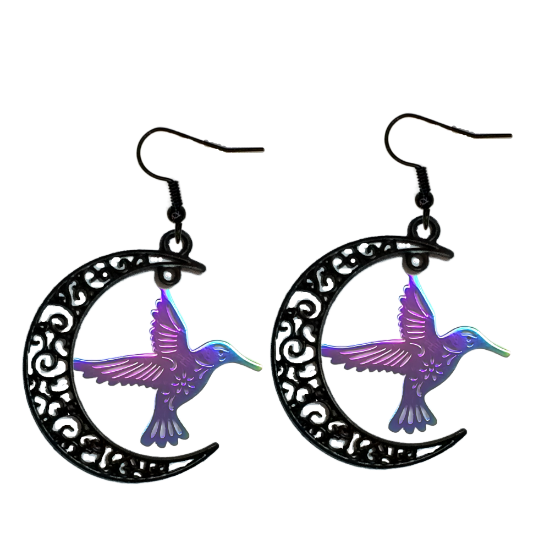 Imagen de 1 Par de Aretes Hermoso Colibri M2 Grande 40x35mm Acero Color Tornasol  En Luna Negra Alta Durabilidad Simbolo de Gran Amor LOPI/$