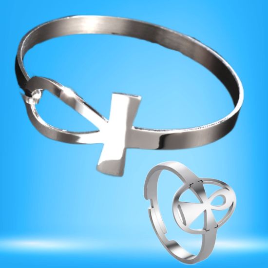 Imagen de  Cruz Egipcia o Llave de la Vida 1 Brazalete + 1 Anillo Chico  ACERO INOXIDABLE Y AJUSTABLE   Poderosa Proteccion CURADA Ajustable de ACERO  C. Plata Talisman Protector X Excelencia Alta Durabilidad de Uso Rudo LOPI/$