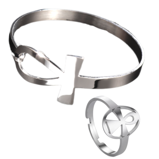 Imagen de  Cruz Egipcia o Llave de la Vida 1 Brazalete + 1 Anillo Chico  ACERO INOXIDABLE Y AJUSTABLE   Poderosa Proteccion CURADA Ajustable de ACERO  C. Plata Talisman Protector X Excelencia Alta Durabilidad de Uso Rudo LOPI/$
