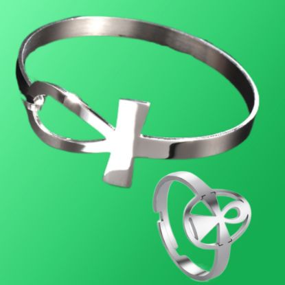 Imagen de  Cruz Egipcia o Llave de la Vida 1 Brazalete + 1 Anillo Chico  ACERO INOXIDABLE Y AJUSTABLE   Poderosa Proteccion CURADA Ajustable de ACERO  C. Plata Talisman Protector X Excelencia Alta Durabilidad de Uso Rudo LOPI/$