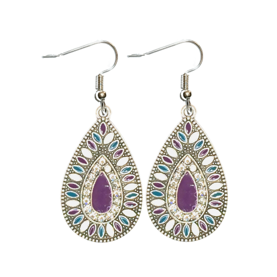 Imagen de 1 Par de Aretes Alta Durabilidad Gota Grande 35x25mm C.Plateada Centro Morado e Incrustaciones Cristal Zirconia Para Toda Ocasion- LOPI/$ 