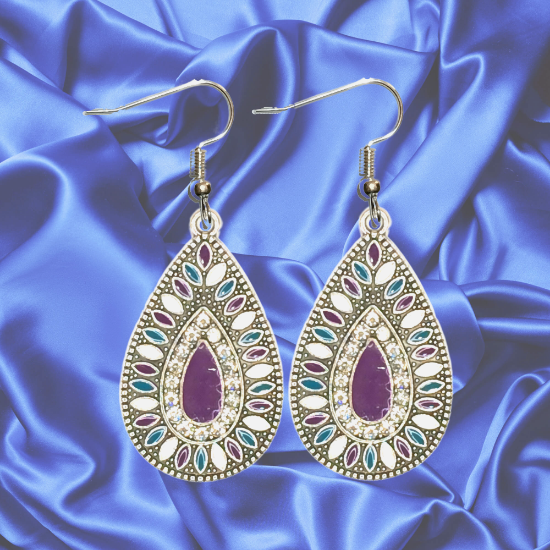 Imagen de 1 Par de Aretes Alta Durabilidad Gota Grande 35x25mm C.Plateada Centro Morado e Incrustaciones Cristal Zirconia Para Toda Ocasion- LOPI/$ 