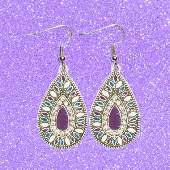 Imagen de 1 Par de Aretes Alta Durabilidad Gota Grande 35x25mm C.Plateada Centro Morado e Incrustaciones Cristal Zirconia Para Toda Ocasion- LOPI/$ 