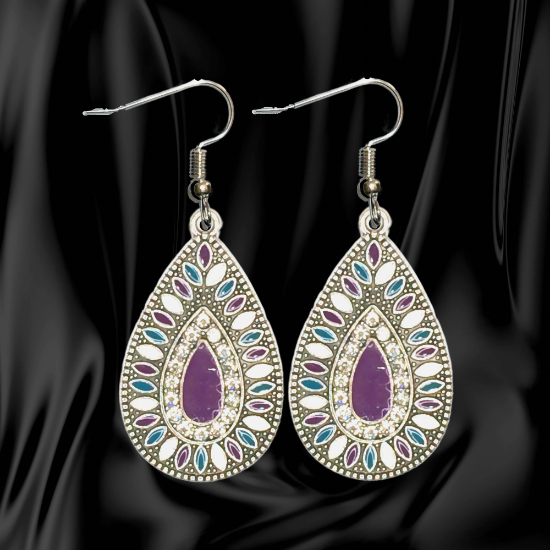 Imagen de 1 Par de Aretes Alta Durabilidad Gota Grande 35x25mm C.Plateada Centro Morado e Incrustaciones Cristal Zirconia Para Toda Ocasion- LOPI/$ 