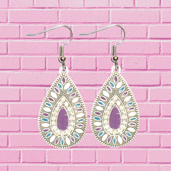 Imagen de 1 Par de Aretes Alta Durabilidad Gota Grande 35x25mm C.Plateada Centro Morado e Incrustaciones Cristal Zirconia Para Toda Ocasion- LOPI/$ 